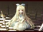  alice_(wonderland) alice_in_wonderland blonde_hair bow checkered checkered_floor hair_bow kishibe kneeling long_hair perspective red_eyes solo sword very_long_hair weapon 