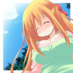  blonde_hair blush breasts cleavage closed_eyes cloud day half_updo hanamaru_youchien highres large_breasts long_hair mature ootsuki_ren outdoors sky smile solo very_long_hair yamamoto_nanako 