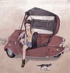  animal bad_id bad_pixiv_id black_eyes brown_hair car cat copyright_request ground_vehicle motor_vehicle sitting skirt smile solo three-wheeler yumemue 