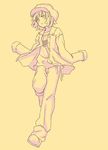  bad_id bad_pixiv_id bakemonogatari cabbie_hat coat hat jacket monochrome monogatari_(series) purple sengoku_nadeko shibasaki_shouji solo yellow yellow_background 