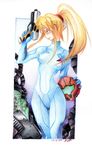  blonde_hair bodysuit gun handgun helmet highres metroid ponytail samus_aran solo traditional_media weapon zero_suit 