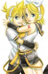  1girl 2010 aqua_eyes bad_id bad_pixiv_id blonde_hair brother_and_sister dated ganyapin headphones headset highres hug kagamine_len kagamine_rin short_hair shorts siblings simple_background smile twins vocaloid 