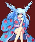  alphes_(style) blue_hair blue_kimono crossed_legs green_eyes japanese_clothes kimono legs long_hair ni_(ippozenshin) original parody sashiromiya_sasha simple_background sitting solo style_parody touhou yukata 
