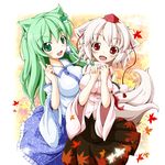  animal_ears breasts cat_ears detached_sleeves frog green_eyes green_hair hair_ornament hat inubashiri_momiji japanese_clothes kanzaki_sora kemonomimi_mode kochiya_sanae large_breasts long_hair multiple_girls red_eyes short_hair silver_hair snake tail tokin_hat touhou wolf_ears wolf_tail 