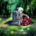  bad_id bad_pixiv_id crying crying_with_eyes_open forest fujiwara_no_mokou grass grave hair_ribbon long_hair looking_down nature profile red_eyes ribbon sad shoes sitting solo sunlight suspenders tat_(artist) tears touhou 
