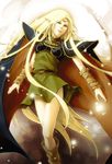  arm_warmers armor belt blonde_hair blue_cape boots cape deedlit dress elf fantasy green_eyes jewelry legs lips long_hair pointy_ears record_of_lodoss_war sleeveless solo tachibana_(church111) 