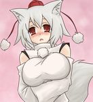  animal_ears blush breast_hold breasts detached_sleeves hat inubashiri_momiji large_breasts oro_(zetsubou_girl) red_eyes short_hair silver_hair solo tail tokin_hat touhou wolf_ears wolf_tail 
