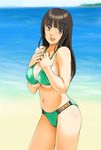  beach bikini black_hair breasts brown_eyes cleavage day kawanuma_uotsuri large_breasts long_hair original sideboob solo swimsuit underboob 