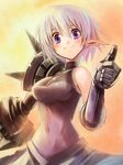  armor artemisia_(pixiv_fantasia) blue_eyes blush edobox elf gauntlets pixiv_fantasia pixiv_fantasia_2 pointy_ears purple_eyes short_hair silver_hair skin_tight solo spikes thumbs_up 