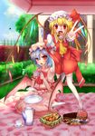  blonde_hair blue_hair blush bowed_wings bread cake cameo checkerboard_cookie cookie day eating flandre_scarlet food hat highres kneeling mugen_soukyuu multiple_girls outdoors pastry red_eyes remilia_scarlet rumia side_ponytail sweets tea teapot thighhighs touhou v white_legwear wings 