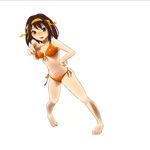  barefoot bikini brown_eyes brown_hair foreshortening hairband legs pointing short_hair solo suzumiya_haruhi suzumiya_haruhi_no_yuuutsu swimsuit tsubamekaze 