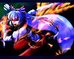  bamboo bamboo_forest fiery_wings fighting_stance fire forest fujiwara_no_mokou full_moon hair_ribbon long_hair moon moonlight nature night oborobo open_mouth red_eyes ribbon silver_hair solo teeth touhou wings 