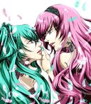  aqua_eyes aqua_hair aqua_nails blue_eyes butterfly_wings earrings eye_contact face-to-face feathers hairband hatsune_miku highres jewelry lace long_hair looking_at_another magnet_(vocaloid) megurine_luka multiple_girls nail_polish pink_hair twintails uico vocaloid wings yuri 