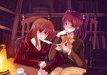  book brown_hair chair cup lamp mammon multiple_girls necktie one_eye_closed pink_neckwear quill red_eyes red_hair ringo_apple school_uniform stakes_of_purgatory teacup umineko_no_naku_koro_ni ushiromiya_ange yellow_eyes 