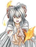  angry fire foreshortening fujiwara_no_mokou hair_ribbon hands ofuda open_mouth red_eyes ribbon shigurio shirt silver_hair simple_background solo touhou traditional_media white_shirt 