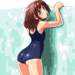  against_wall ass blush brown_hair dd_(ijigendd) looking_back one-piece_swimsuit original school_swimsuit shiny shiny_clothes solo swimsuit 