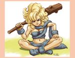  ayla ayla_(chrono_trigger) bare_shoulders blonde_hair breasts chrono_(series) chrono_trigger club curly_hair female full_body grey_eyes long_hair midriff navel senga_otoko sitting solo weapon white_background wristband 