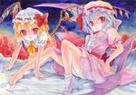  bat_wings blonde_hair blue_hair feet flandre_scarlet hat multiple_girls ponytail red_eyes remilia_scarlet shoes short_hair siblings side_ponytail single_shoe sisters totsuki touhou traditional_media watercolor_(medium) wings 