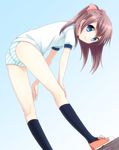  ass bangs bent_over blue_eyes brown_hair buruma commentary dutch_angle full_body gym_uniform highres kneehighs looking_at_viewer looking_back original shoes short_sleeves smile sneakers socks solo standing striped striped_buruma usashiro_mani 