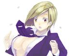  1girl big_breasts blonde_hair breasts brown_eyes cleavage elena_(ff7) female final_fantasy final_fantasy_vii formal koh_a large_breasts necktie open_clothes open_shirt shirt short_hair solo suit wardrobe_malfunction white_background 