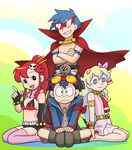  2boys 2girls bikini_top boota cape fujiko_f_fujio_(style) hair_ornament kamina kamina_shades multiple_boys multiple_girls nia_teppelin parody ponytail scarf shorts simon style_parody tengen_toppa_gurren_lagann thighhighs ueyama_michirou yoko_littner 