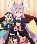  :3 animal_ears arieko bed black_legwear blazer blush bunny_ears censored chibi convenient_censoring houraisan_kaguya inaba_tewi jacket lavender_hair multiple_girls pillow red_eyes reisen_udongein_inaba thighhighs touhou yagokoro_eirin 