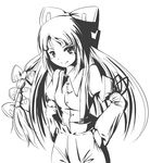  bow buttons collared_shirt cowboy_shot fujiwara_no_mokou greyscale hair_bow long_sleeves monochrome pants rekurisu shirt simple_background solo suspenders touhou white_background 