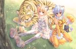  animal_ears animal_print bad_id bad_pixiv_id blonde_hair blue_hair cat detached_sleeves elbow_gloves fang flat_chest gloves green_eyes hairband highres huey_ranfaruto kuroneko_sakon multiple_girls orange_legwear original paw_shoes paws pointy_ears raisen_(studio_tiara) red_eyes shoes sitting tail thighhighs tiger tiger_ears tiger_print tiger_tail white_legwear zettai_ryouiki 