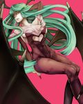  adjusting_hair animal_print aqua_hair bad_id bad_pixiv_id bare_shoulders bat_print bat_wings boots breasts cleavage demon_girl green_eyes head_wings highres katsu_ryouji large_breasts leotard long_hair morrigan_aensland nail_polish pantyhose print_legwear red_nails solo succubus vampire_(game) very_long_hair wings 