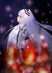  bow dark fire fujiwara_no_mokou hair_bow hair_ribbon long_hair looking_up miruniru profile red_eyes ribbon silver_hair solo standing suspenders touhou 