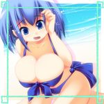  bikini blue_eyes blue_hair breasts bursting_breasts copyright_request frame huge_breasts ootsuki_ren open_mouth solo swimsuit water 