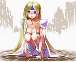  1girl blonde_hair boots breasts cape celes_chere cleavage female final_fantasy final_fantasy_vi full_body long_hair noromi outdoors purple_eyes solo squat squatting violet_eyes white_background 