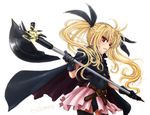  bardiche belt blonde_hair cape fate_testarossa gloves hair_ribbon long_hair lyrical_nanoha mahou_shoujo_lyrical_nanoha red_eyes ribbon ryou_(shirotsumesou) signature skirt solo thighhighs twintails 