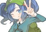  :q backpack bag blue_eyes blue_hair hair_bobbles hair_ornament hat kawashiro_nitori key short_hair solo tank_(artist) tongue tongue_out touhou twintails two_side_up 