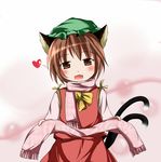  animal_ears blush brown_eyes brown_hair cat_ears cat_tail chen fang hat heart kazura multiple_tails scarf solo tail touhou 