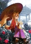  animal_ears brown_hair cropped day flower fox fox_ears fox_tail japanese_clothes long_hair non-web_source oriental_umbrella original outdoors parasol red_eyes shiden_(t41xz) snow solo source_request tail umbrella 
