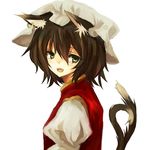  animal_ears bad_id bad_pixiv_id brown_hair cat_ears cat_tail chen fang green_eyes hat hiharo short_hair solo tail touhou 