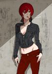  absurdres breasts brown_eyes cigarette cleavage contrapposto denim denim_jacket highres hips hirabaru_kenji jacket jeans lips medium_breasts meiko midriff pants red_hair short_hair smoking solo standing vocaloid 