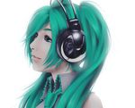  aqua_eyes aqua_hair face hair_over_shoulder hatsune_miku headphones headset long_hair portrait realistic simple_background solo twintails vesper vocaloid 