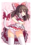  alternate_costume ass bow cat_tail dinyc hair_bow hakurei_reimu kemonomimi_mode lace lace-trimmed_thighhighs looking_back panties ribbon solo tail tail_ribbon thighhighs touhou tray underwear waitress white_legwear 