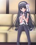  black_hair couch fairchild hairband kagami_sakuya nimura_yuuji pantyhose solo upskirt 