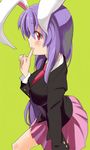  animal_ears ayasugi_tsubaki blazer blush breasts bunny_ears finger_to_mouth jacket medium_breasts necktie pleated_skirt purple_hair red_eyes red_neckwear reisen_udongein_inaba skirt solo touhou 