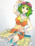  goggles goggles_on_head green_eyes green_hair gumi lying midriff on_back short_hair simple_background skirt smile solo toko_m vocaloid wrist_cuffs 