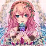  aqua_eyes headphones headset hekicha jewelry leaf long_hair megurine_luka open_mouth pink_hair solo vocaloid 