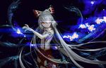  bow dark fujiwara_no_mokou gray_hair long_hair magic orange_eyes seeker touhou 