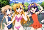  bicolored_eyes bikini blonde_hair blue_eyes blush corona_timir fang flat_chest green_eyes long_hair mahou_shoujo_lyrical_nanoha mahou_shoujo_lyrical_nanoha_vivid nyantype purple_hair red_eyes rio_wezley scan short_hair swimsuit vivio 