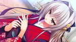  blush daizenji_suzuka game_cg gray_hair japanese_clothes long_hair pink_eyes reminiscence tomose_shunsaku 