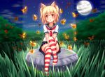  animal_ears blonde_hair blush butterfly fast-runner-2024 foxgirl grass moon night nova original red_eyes seifuku skirt thighhighs 