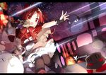  animal armor blood blush bow cape dress fang fire gloves hat headphones jpeg_artifacts microphone pixiv_fantasia red_eyes red_hair saru short_hair sky stars thighhighs torn_clothes twintails 