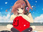  braids brown_eyes brown_hair clouds headphones itou_noiji kneehighs petals rooftop seifuku sky 